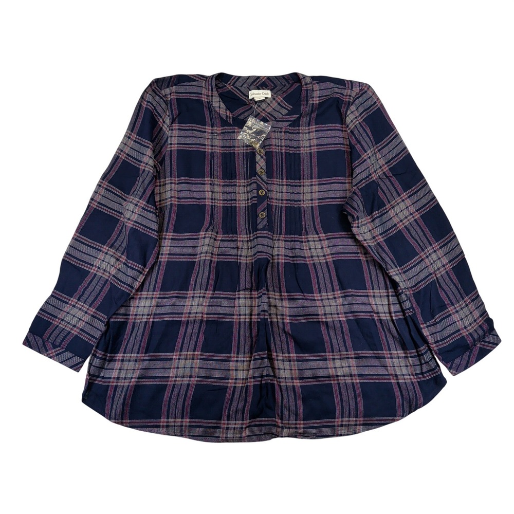 Coldwater Creek Womens XL Navy Blue Plaid Pintuck Henley Tunic Blouse NEW